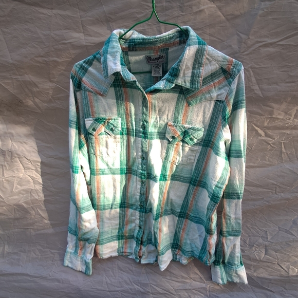 VTG Wrangler Womens Western Top AquaWhiteOrange Flannel Plaid Long Sleeves Sz Xl - Picture 1 of 4